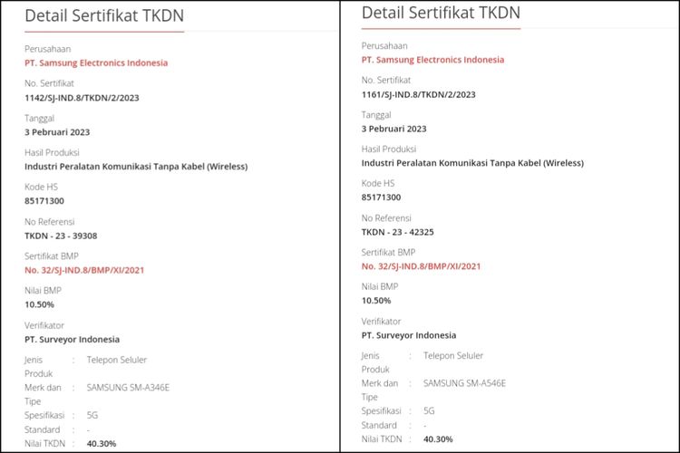 Dua model ponsel terbaru Samsung yang diduga sebagai Galaxy A34 (kiri) dan Galaxy A54 (kanan) sudah lolos uji TKDN Kemenperin.
