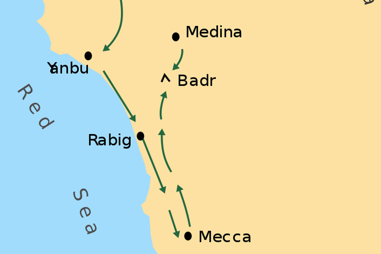 Peta wilayah antara Mekkah dan Madinah yang menjadi lokasi terjadinya Perang Bani Musthaliq.