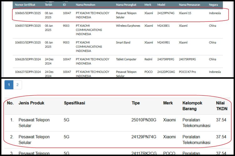 Ilustrasi Xiaomi 15 yang sudah muncul di laman Postel SDPPI Kemkomdig (atas) dan TKDN Kemenperin (bawah).
