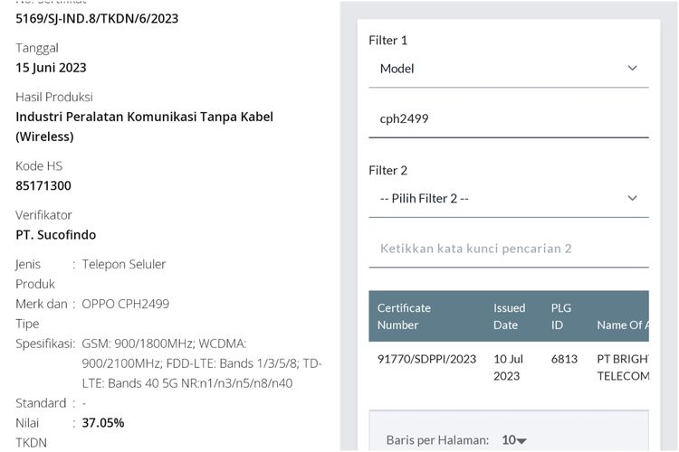 Oppo CPH2499 di laman TKDN Kemenperin (kiri) dan Postel Ditjen SDPPI Kominfo (kanan) yang diyakini sebagai Oppo Find N3.