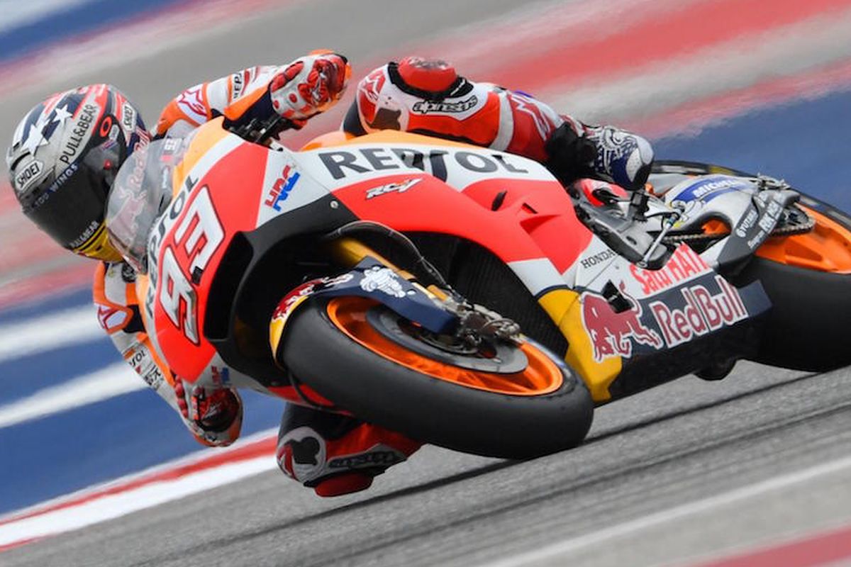 Pebalap Repsol Honda Team asal Spanyol, Marc Marquez, memacu motornya pada sesi kualifikasi GP Americas di Circuit of The Americas (COTA), Austin, Sabtu (22/4/2017).