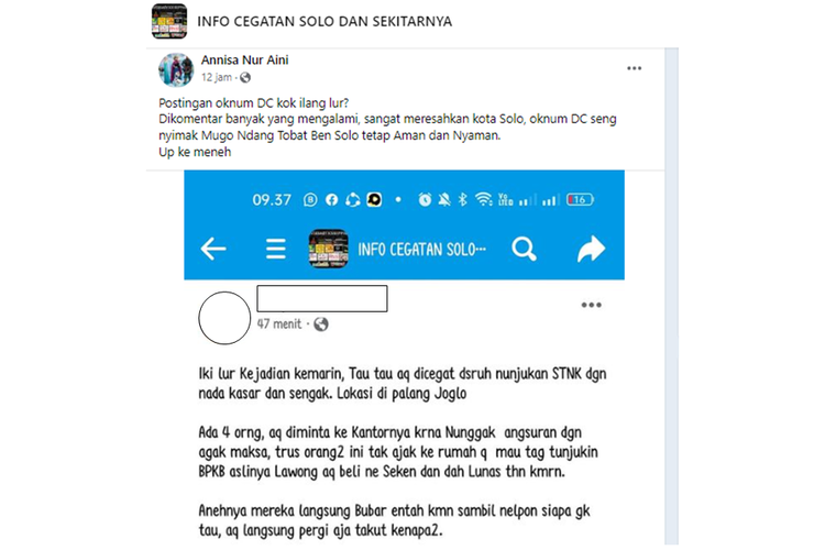 Tangkapan layar unggahan soal diduga oknum debt collector di Solo, Jawa Tengah mencegat dan memaksa pengendara untuk menunjukkan STNK.