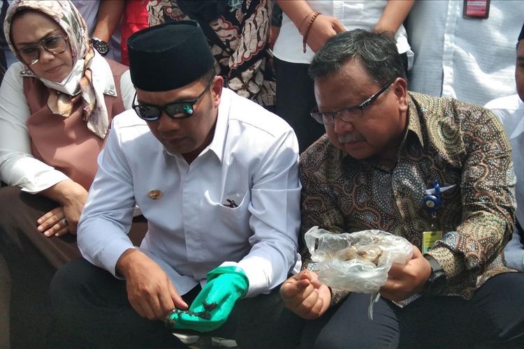 Gubernur Jawa Barat Ridwan Kamil bersama Direktur Utama Pertamina EP Nanang Abdul Manaf saat meninjau lokasi terdampak di Desa Cemarajaya, Kecamatan Cibuaya, Kabupaten Karawang, Rabu (7/8/2019).