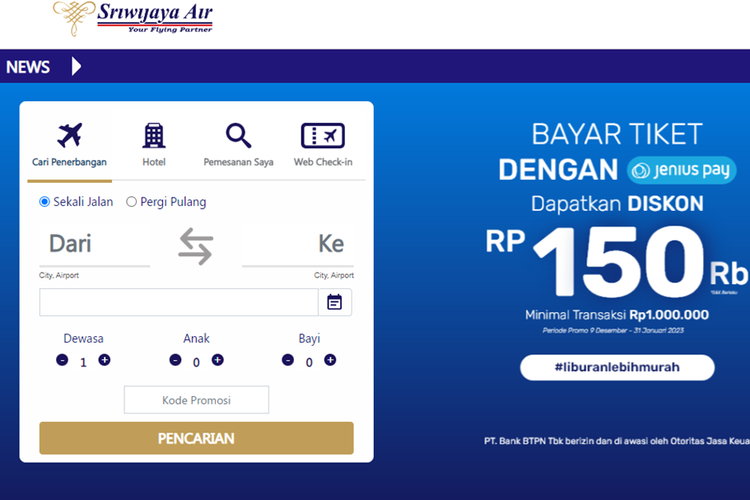 Tangkapan layar laman pemesanan tiket pesawat Sriwijaya Air.