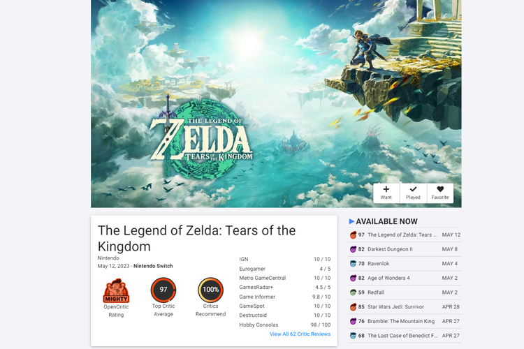 Tampilan The Legend of Zelda: Tears of the Kingdom di OpenCritic
