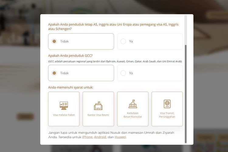 Tangkapan layar situs web Nusuk saat proses mengajukan visa umrah ke Arab Saudi.