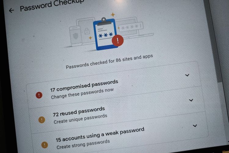 Ilustrasi fitur Password Checkup di tool Password Manager milik Google.