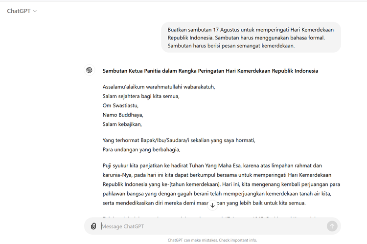 Cara membuat sambutan 17 Agustus otomatis dengan AI ChatGPT.