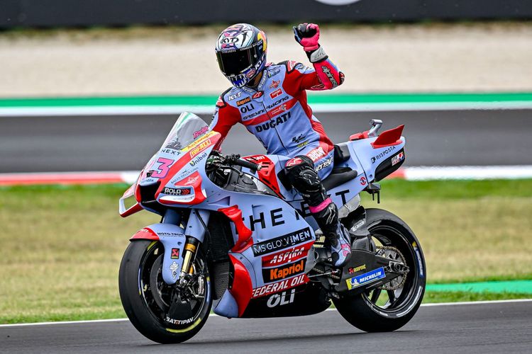 Enea Bastianini saat berlaga pada MotoGP San Marino 2022. Terkini, Bastianini memenangi MotoGP Aragon 2022 di Sirkuit Aragon, Spanyol, Minggu (18/9/2022) malam WIB.