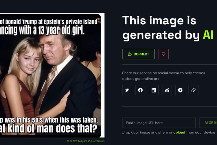 Tangkapan layar hasil deteksi AI or Not untuk foto Donald Trump bermesraan dengan gadis berusia 13 tahun.