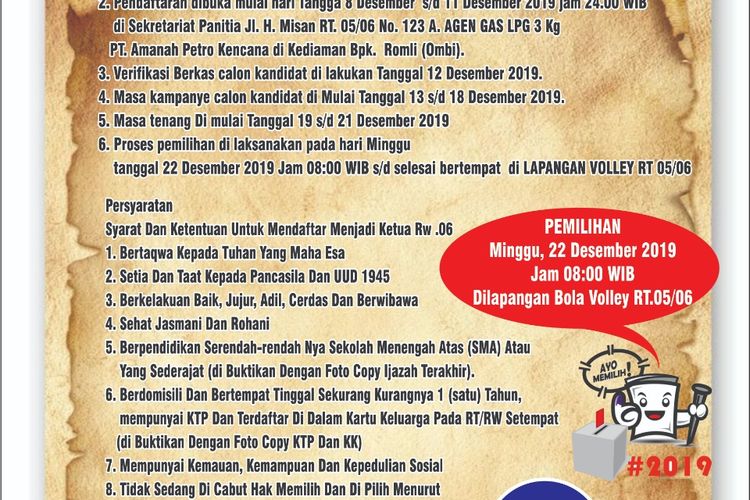 Pamflet Pemilihan Ketua RW 006 Kelurahan Jatiluhur, Kecamatan Jatiasih, Kota Bekasi yang mensyaratkan agar calon ketua RW membayar Rp 15 juta ketika mendaftar.