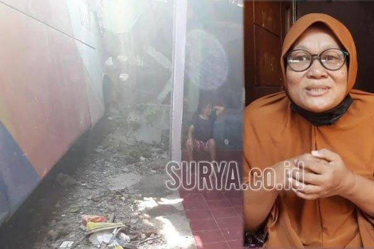 Endang selamat dari kecelakaan Bus Dali Jaya menyasak rumah tetangganya, Kamis (3/2/2022). (Surya.co.id/Willy Abraham)