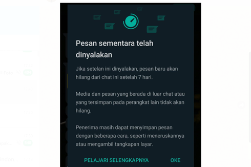 Cara Aktifkan 'Pesan Sementara' WhatsApp, 7 Hari Chat Hilang Otomatis