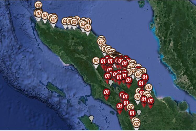 Peta sebaran hitung cepat atau quick count Pilpres 2019 yang dirilis oleh Litbang Kompas pada Rabu (17/4/2019) hingga pukul 21.00 WIB di Sumatera bagian utara yang meliputi Aceh dan Sumatera Utara.