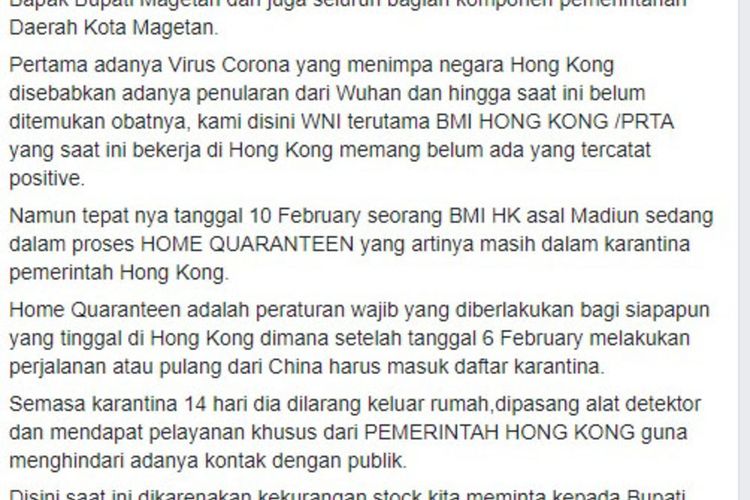 Sulitnya mendapatkan masker, BMI asal Magetan di Hong Kong meminta bantuan masker ke Pemrintah Kabupaten Magetan.