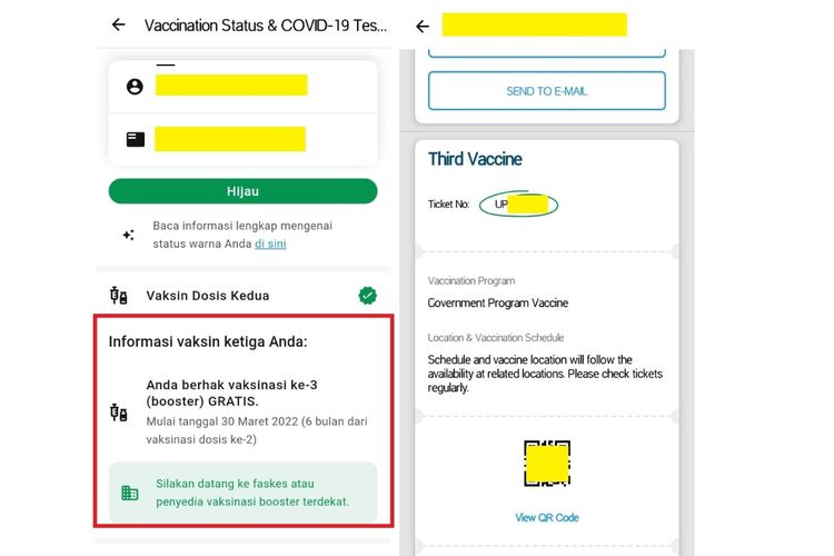 Tangkapan layar jadwal dan status vaksin booster (kiri) serta tiket vaksin booster di aplikasi PeduliLindungi (kanan).