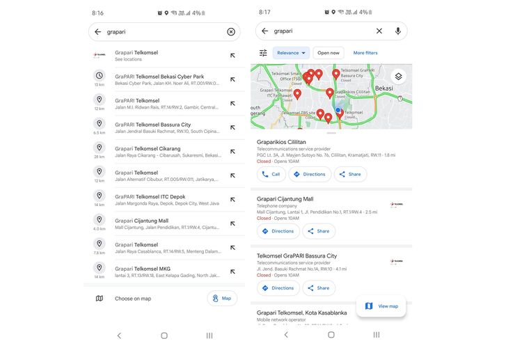 Ilustrasi pencarian Telkomsel GraPari via Google Maps