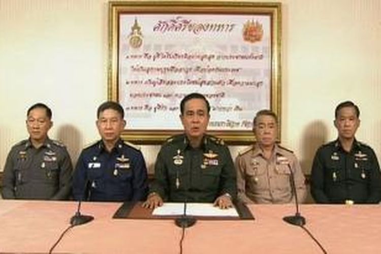 Panglima Angkatan Bersenjata Thailand, Jenderal Prayut Chan-o-Cha saat mengumumkan kudeta pada Kamis (22/5/2014).