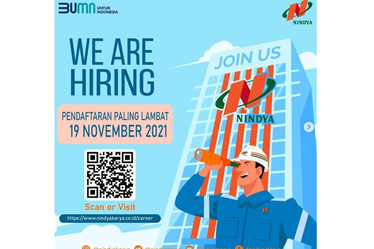 Tangkapan layar unggahan akun Instagram resmi perusahaan BUMN PT Nindya Karya (Persero) yang menginformasikan adanya lowongan pekerjaan untuk sejumlah posisi.