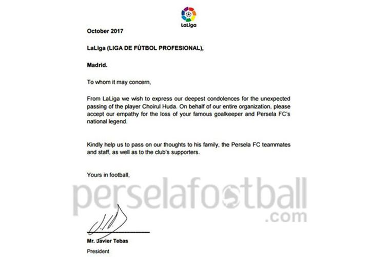 Surat resmi ungkapan duka cita untuk Choirul Huda dari manajemen La Liga kepada jajaran pengurus Persela Lamongan.