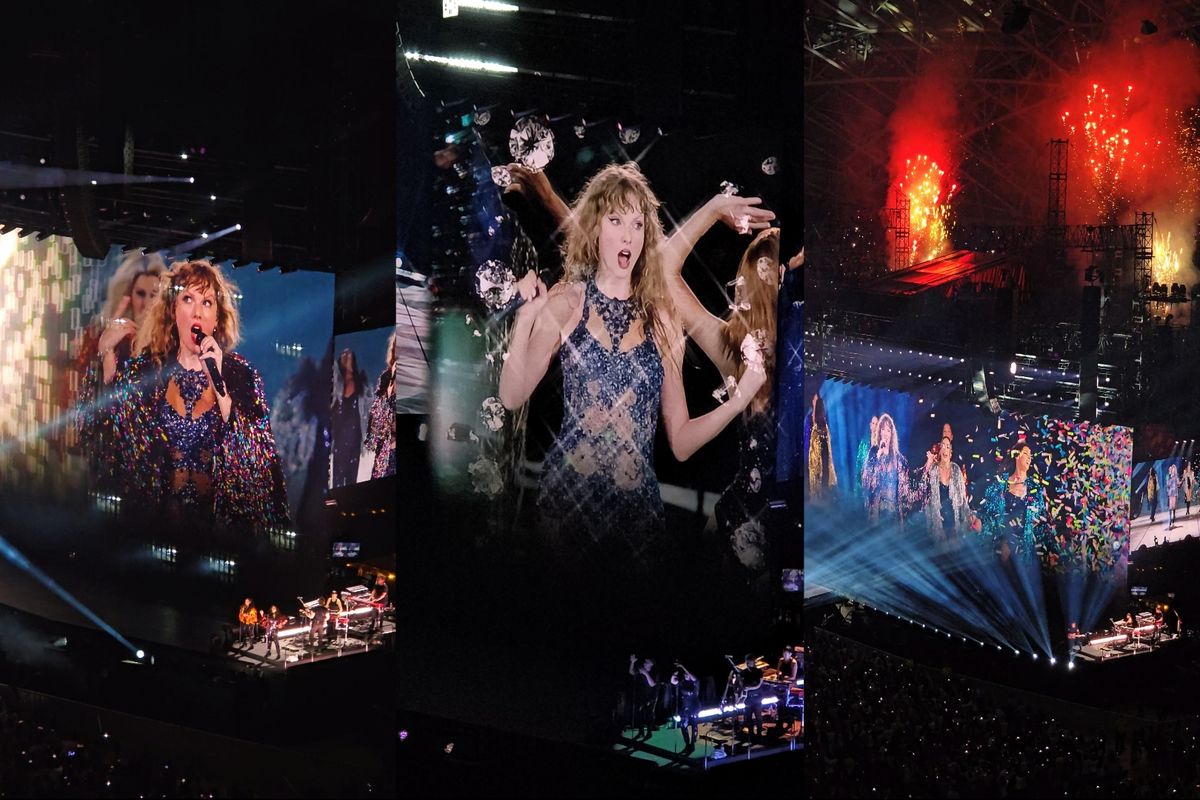 Kemeriahan penutupan konser Taylor Swift - The Eras Tour Singapore pada malam keempat, Kamis 7 Maret 2024. Konser yang ditutup dengan lagu Karma ini turut dimeriahkan dengan konfeti dan kembang api di dalam stadion.  