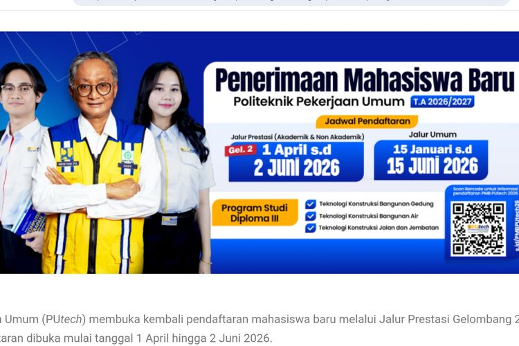 Pendaftaran Politeknik Pekerjaan Umum 2026, Cek Jurusan dan Syaratnya