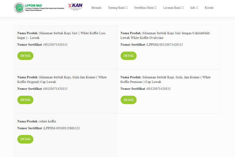 Tangkapan layar laman LPPOM MUI untuk sertifikat halal produk White Koffie. 