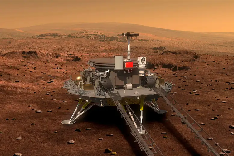 Ilustrasi Zhurong berada di permukaan Mars. Wahana antariksa China berhasil mendarat di planet Mars, dan siap melakukan misi eksplorasi luar angkasa di planet merah.

