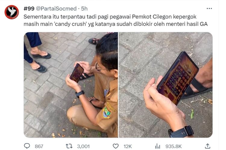 Viral di media sosial foto yang memperlihatkan pria berseragam aparatur sipil negara (ASN) Pemerintah Kota (Pemkot) Cilegon, Banten, diduga bermain slot atau judi online.