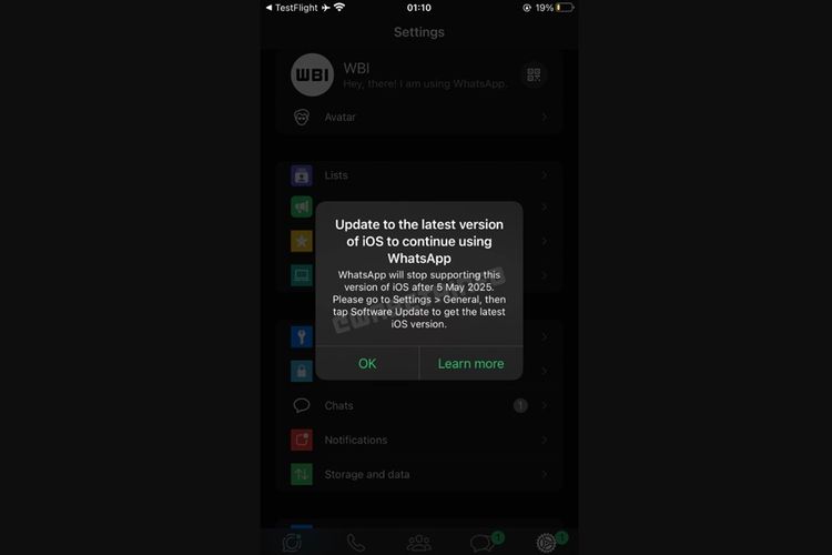 Screenshot keterangan WhatsApp yang menyetop dukungan untuk iPhone lawas