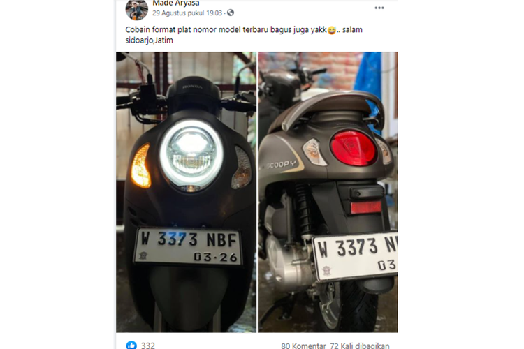 Tangkapan layar unggahan sepeda motor dengan pelat nomor putih tulisan hitam yang ramai di media sosial.