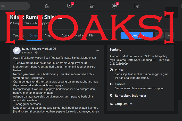 Informasi hoaks tentang efek buruk makan buah pepaya di Facebook.