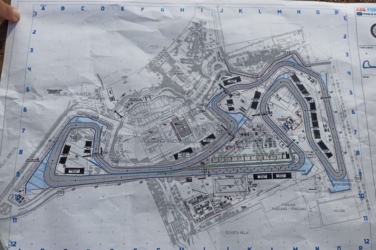 Peta terbaru rencana pembangunan sirkuit Formula E setelah alami revisi dari FEO, penambahan wilayah yang diarsir biru untuk aspek keselamatan 