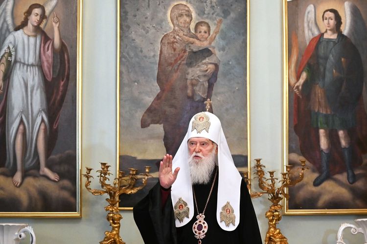 Patriark Filaret, Pemimpin Gereja Ortodoks Ukraina, ketika berbicara di hadapan awak media di Kiev pada 15 Mei 2019.