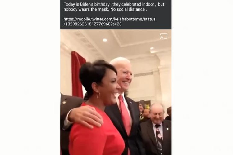 Tangkapan layar video dengan narasi perayaan ulang tahun Joe Biden tahun ini tanpa kenakan masker dan jaga jarak. 