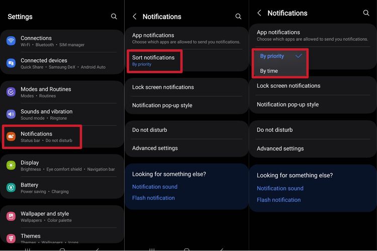 Samsung OneUI 6 punya fitur menampilkan notifikasi berdasarkan prioritas atau urutan waktu.