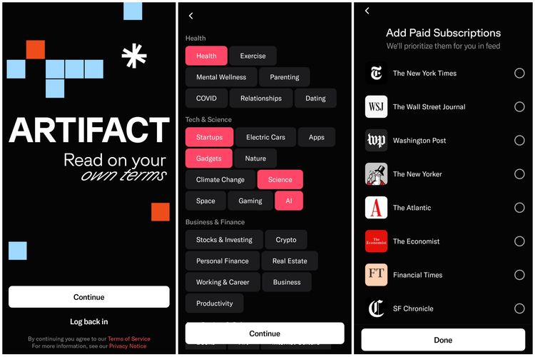 Tampilan aplikasi News Feed Artifact, bikinan duo pendiri Instagram, Kevin Systrom dan Mike Krieger.