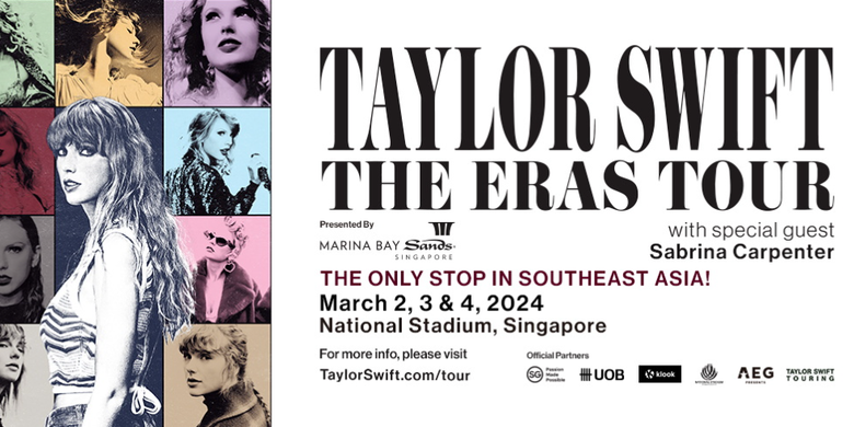 Poster konser Taylor Swift The Eras Tour di Singapura. Simak harga dan cara beli tiketnya mulai hari ini.