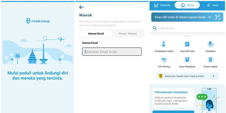 Cara masuk (login) ke aplikasi PeduliLindungi.