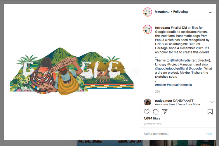 Tangkapan layar Instagram Danu Fitra Nugraha, pembuat gambar noken Papua yang Jadi Google doodle
