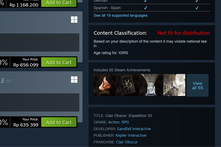Game Clair Obscure: Expedition 33 mendapat rating tidak layak didistribusikan di Indonesia. 