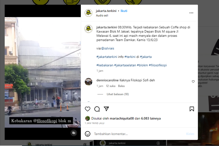 Tangkapan layar akun Instagram @jakarta.terkini yang memuat video kebakaran kedai Filosofi Kopi Melawai, Jakarta Selatan, pada Kamis (13/7/2023) pagi WIB.