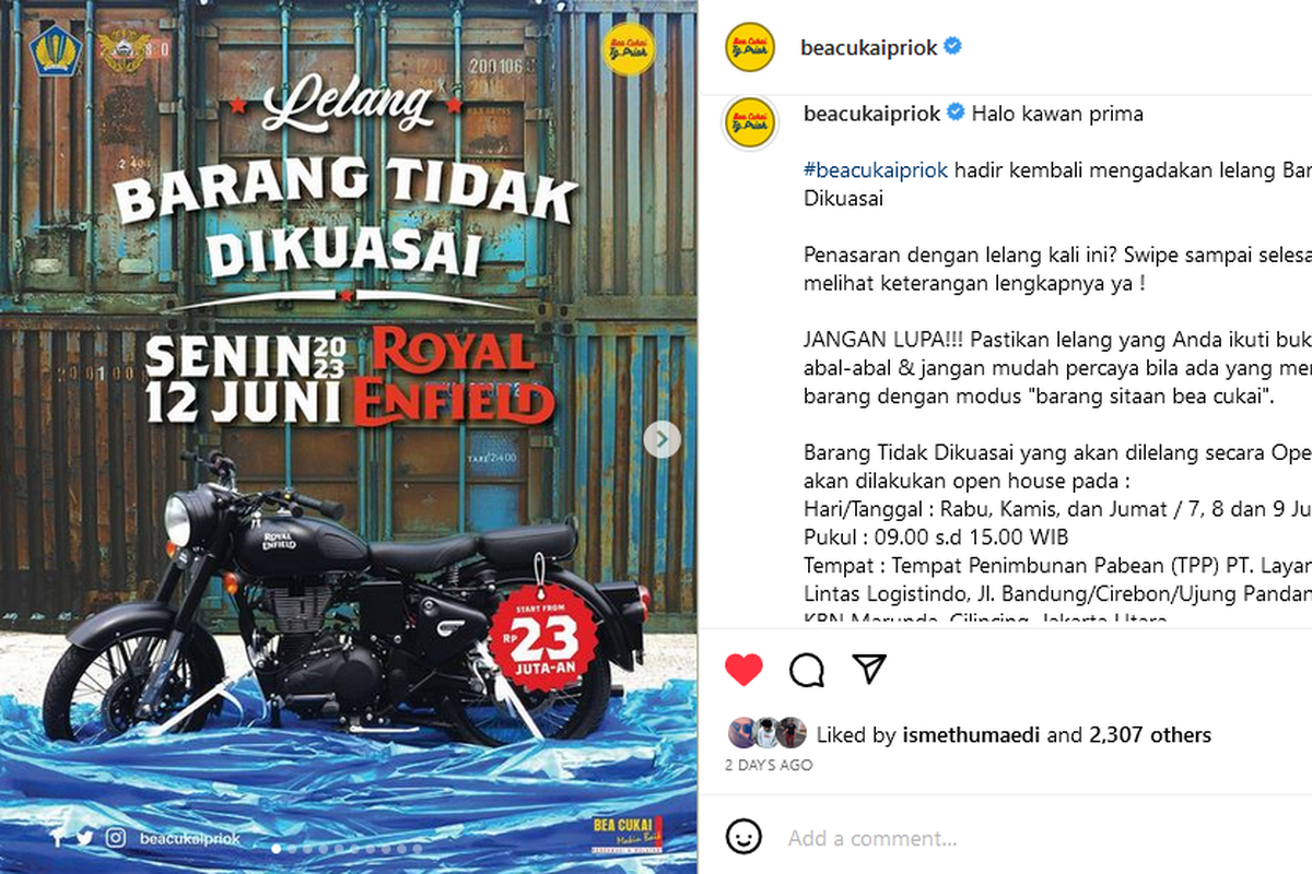 Lelang bea cukai tanjung priok barang tidak dikuasai puluhan Royal Enfield Classic