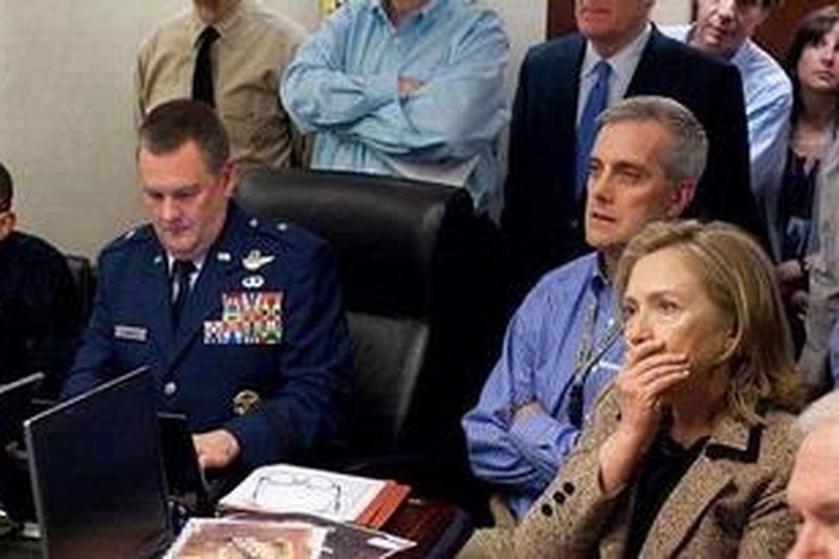 Intense: President Obama, Vice President Joe Biden and Secretary of State Hillary Clinton, alongside other Security staff, watch the mission unfold at the White House   