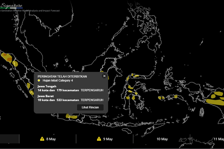 Tangkapan layar situs BMKG Signature yang menampilkan wilayah mana saja yang berpotensi hujan lebat.