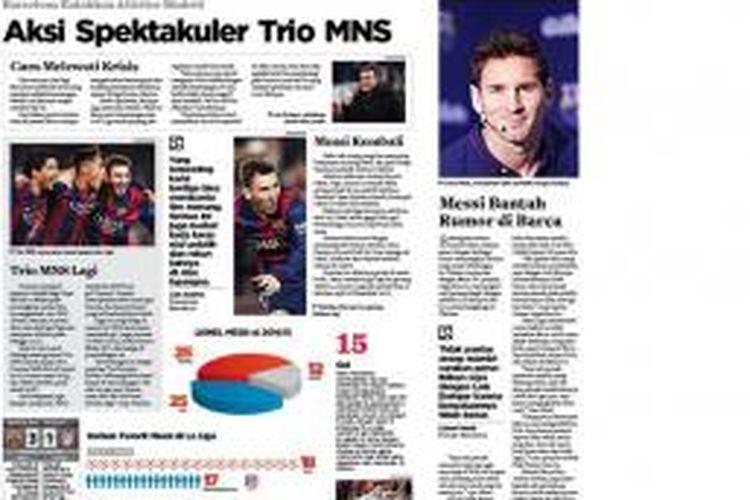 Berita di Harian Bola tentang aksi Lionel Messi, Neymar dan Luis Suarez saat Barcelona taklukkan Atletico Madrid.
