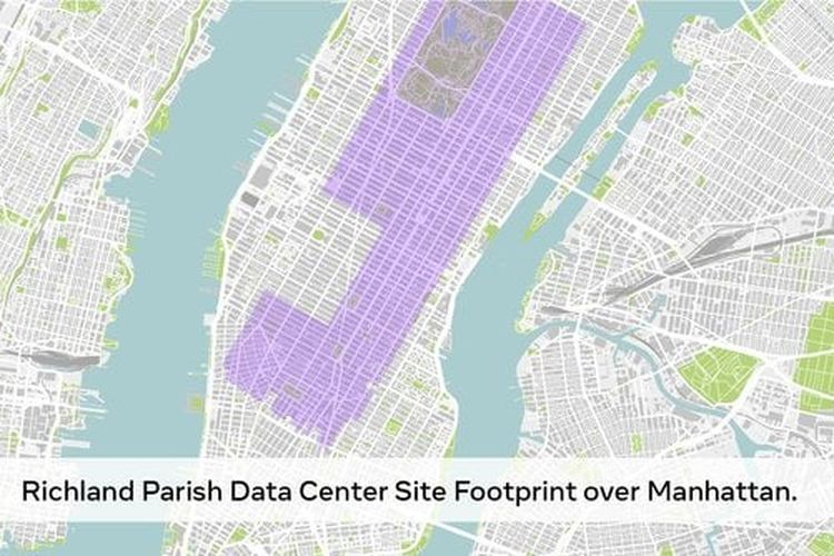 Data center Hyperion Meta dengan kapasitas 2 GW, dibandingkan dengan luas kota Manhattan, New York.