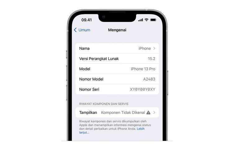 Ilustrasi status Komponen Tidak Dikenal pada komponen layar sebagai penunjuk bahwa komponen layar pengganti bukan asli dari Apple.