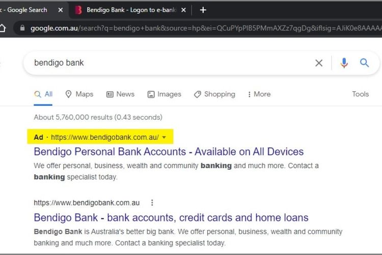 Website palsu yang meniru website Bendigo Bank muncul sebagai iklan di situs pencarian Google.