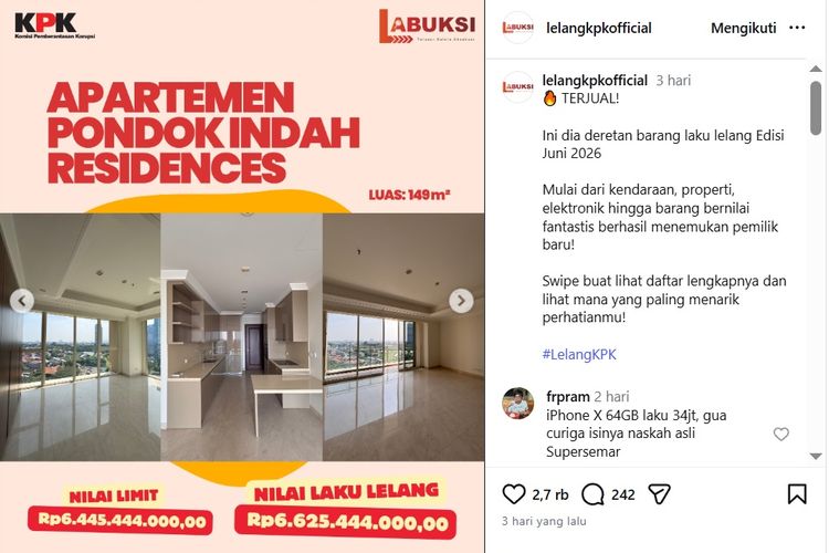 Apartemen Mewah Koruptor APD Covid-19 Laku Dilelang KPK, Ini Harganya